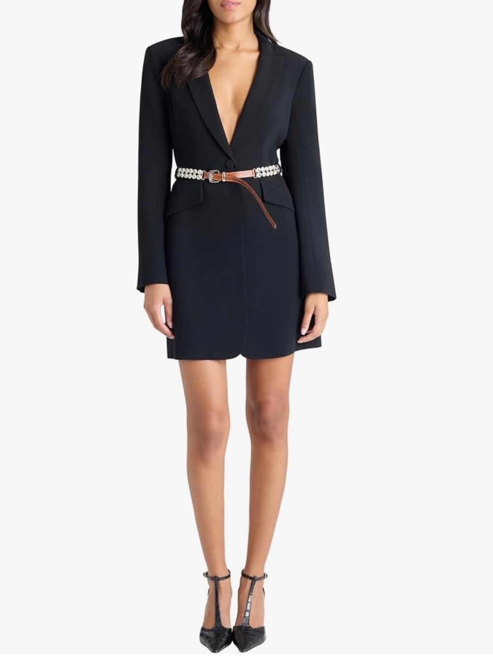 NWT 🐈‍⬛ cinq a sept Black Blazer Mini Dress with Rhinestone & Brown Leather Belt